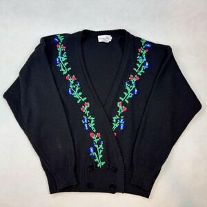 Breckenridge Vintage Black Floral Embroidered Wool Blend Cardigan Sweater Mens M